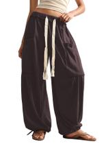 Calça Harem RoseSeek, folgada, boho, com cordão, cintura, marrom M
