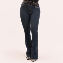 Calça Jeans Azul Escuro Feminina Bordada E Lavada Moda Country Cintura Alta Flare Texas Ranch Jeans