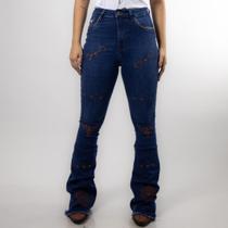 Calça Jeans Azul Feminina Flare Intense Bordada Moda Country Sessions Cintura Alta Texas Ranch