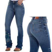 Calça Jeans Azul Feminina Ox Horns Bordado Cacto Com Brilho Algodão Premium Ref: 2503