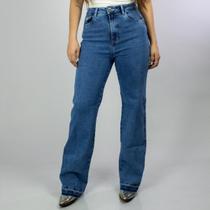 Calça Jeans Azul Feminina Wide Leg Básica Lisa Moda Country Cintura Alta Elastano Texas Ranch
