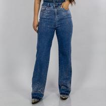 Calça Jeans Azul Feminina Wide Leg Diamond Brilhos Pratas Cintura Alta Moda Country Texas Ranch Calça Jeans Azul Feminina Wide Leg Diamond Brilhos Pratas Cintura Alta Moda Country Texas Ranch