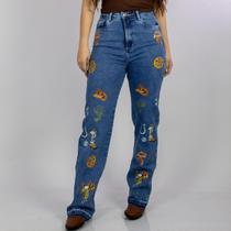 Calça Jeans Azul Feminina Wide Leg Estampada Spur Moda Country Cintura Alta Texas Ranch Oficial Calça Jeans Azul Feminina Wide Leg Estampada Spur Moda Country Cintura Alta Texas Ranch Oficial