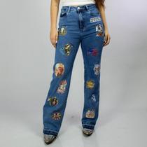 Calça Jeans Azul Feminina Wide Leg Estampada Western Design Moda Country Cintura Alta Texas Ranch Calça Jeans Azul Feminina Wide Leg Estampada Western Design Moda Country Cintura Alta Texas Ranch