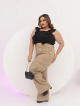 Calça Jeans Bege Cargo Feminina Wide Leg Pantalona Plus Size Premium