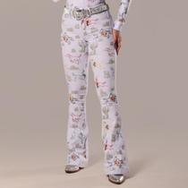 Calça Jeans Branca Feminina Flare Estampada Desert Horse Moda Country Cintura Alta Texas Ranch