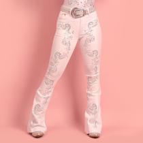 Calça Jeans Branca Feminina White American Com Brilhos Azuis Prata Strass Cintura Alta Flare Moda Country Texas Ranch Jeans
