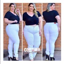 Calça Jeans Branca Modeladora Plus Size Cintura Alta Lycra Recorte Coração Empina Bumbum