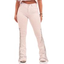 Calça Jeans Branca Star Franjas Paetê Moda Country Brilhos Feminino Texas Ranch Jeans Calça Jeans Branca Star Franjas Paetê Moda Country Brilhos Feminino Texas Ranch Jeans