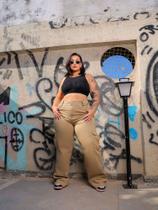 Calça Jeans Cargo Bege Wide Leg Plus Size Ref: 0048