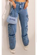 Calça Jeans Cargo Com Bolsos Cintura Alta Feminina