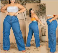 Calça Jeans Cargo Feminina Azul Claro Plus Size Cintura Alta