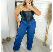 Calça Jeans Cargo Feminina Azul Plus Size Cintura Alta