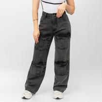 Calça Jeans Cargo Feminina Pantalona Wide Leg Cintura Alta Elegante Com Bolsos