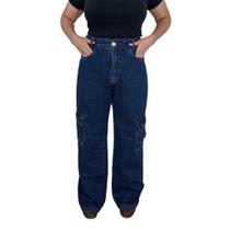 Calça Jeans Cargo Feminina Soltinha Cós Alto Bolsos Funcionais 100% Algodão