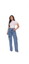Calça Jeans Cargo Wide Leg Feminina Deerf Cintura Alta 100% Algodão