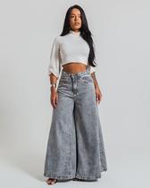 Calça Jeans Casual Super Maxi Wide Leg Petit Moda Palazzo Cor:CinzaTamanho:42