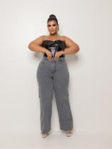 Calça jeans cinza lisa wide leg plus size wid leg pantalona premium