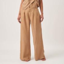 Calça Jeans Color Leve Wide Leg Pregas Caqui Chique