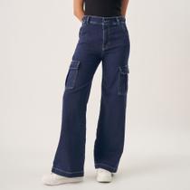 Calça Jeans Color Wide Cargo Cintura Alta