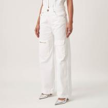 Calça Jeans Color Wide Leg Bolsos Frontais Lapelas E Ziper Branco