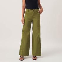 Calça Jeans Color Wide Leg Cintura Alta Elástico Cós Verde Oliva