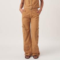 Calça Jeans Color Wide Leg Cintura Alta Múltiplos Bolsos Caqui Chique