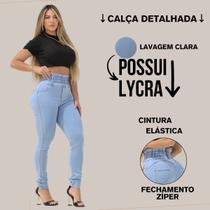 Calça Jeans Com Elástico Na Cintura de Cos Alto Largo Com New fechamento Ziper