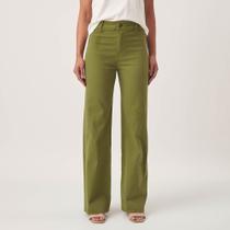 Calça Jeans Confort Color Wide Leg Sem Costuras Laterais Verde Oliva