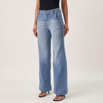 Calça Jeans Confort Wide Leg Cintura Alta Elástico Cós Azul Claro