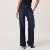 Calça Jeans Confort Wide Leg Cintura Alta Elástico Cós Azul Escuro