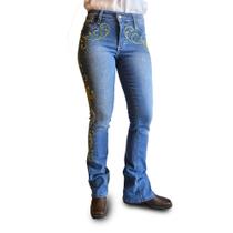 Calça Jeans Country Feminina Flare Azul Cintura Alta Bordada