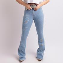 Calça Jeans Delavê Feminina Western Bordada Blue Strass Moda Country Cintura Alta Flare Texas Ranch