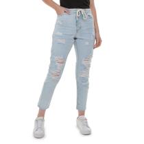 Calça Jeans Destroyed Capri Feminina Cintura Alta Com Cordão