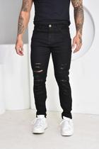 Calça Jeans Destroyed Skinny Preta Masculina Tendência Casual Sofisticado Premium 48