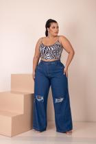 Calça Jeans Escuro Destroyd nos Joelhos Pantalona Wide Leg Soltinha -PLUS SIZE