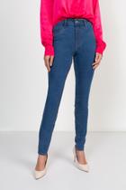 Calça Jeans Esmeralda Skinny Cós Alto Com Bolso Flor De Lis