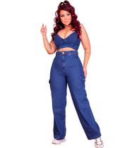 Calça Jeans Feminina azul cintura alta botao