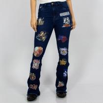 Calça Jeans Feminina Azul Flare Western Design Estampada Moda Country Cintura Alta Texas Ranch Calça Jeans Feminina Azul Flare Western Design Estampada Moda Country Cintura Alta Texas Ranch