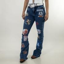 Calça Jeans Feminina Azul Marmorizada Western Design Cintura Alta Flare Moda Country Texas Ranch