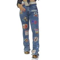 Calça Jeans Feminina Azul Marmorizada Western Design Cintura Alta Flare Moda Country Texas Ranch