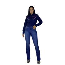 Calça Jeans Feminina Bordada Elit com Pedras Nas Pernas e Nos Bolsos Traseiros-Os Vaqueiros