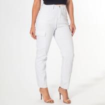 Calça Jeans Feminina Branca Skinny Cargo Cintura Alta Casual