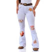 Calça Jeans Feminina Branca Western Design Moda Country Cintura Alta Flare Texas Ranch