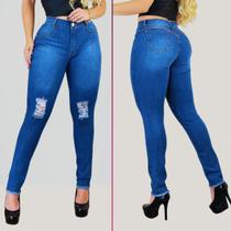 Calça Jeans Feminina C/ Lycra Levanta Bumbum Botão Dourado Tendência Detalhe Rasgo Calça Jeans Feminina C/ Lycra Levanta Bumbum Botão Dourado Tendência Detalhe Rasgo