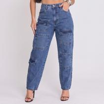 Calça Jeans Feminina Cargo Mom Cintura Alta Calça Jeans Feminina Cargo Mom Cintura Alta