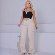 Calça Jeans Feminina Cargo Off White com Bolsos Fole