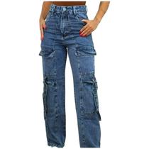 Calça Jeans Feminina Cargo Pantalona Wide Leg Cintura Alta Calça Jeans Feminina Cargo Pantalona Wide Leg Cintura Alta