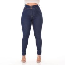 Calça jeans feminina classica escura amaciada com 2 botão de cos largo