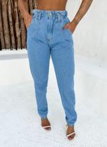 Calça Jeans Feminina Com Pregas E Elástico Na Cintura Jeans Claro - Shop Smille